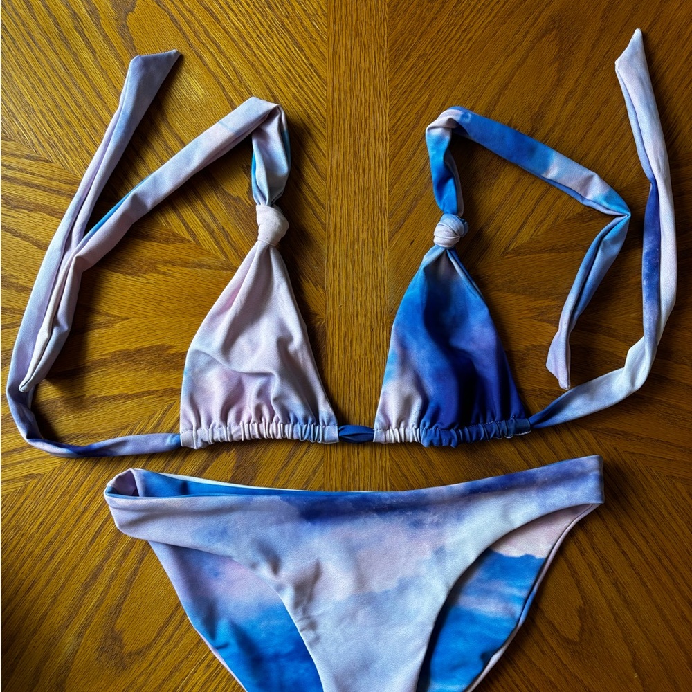 Skatie Blue & Light Pink Tie-Dye Triangle Bikini Set